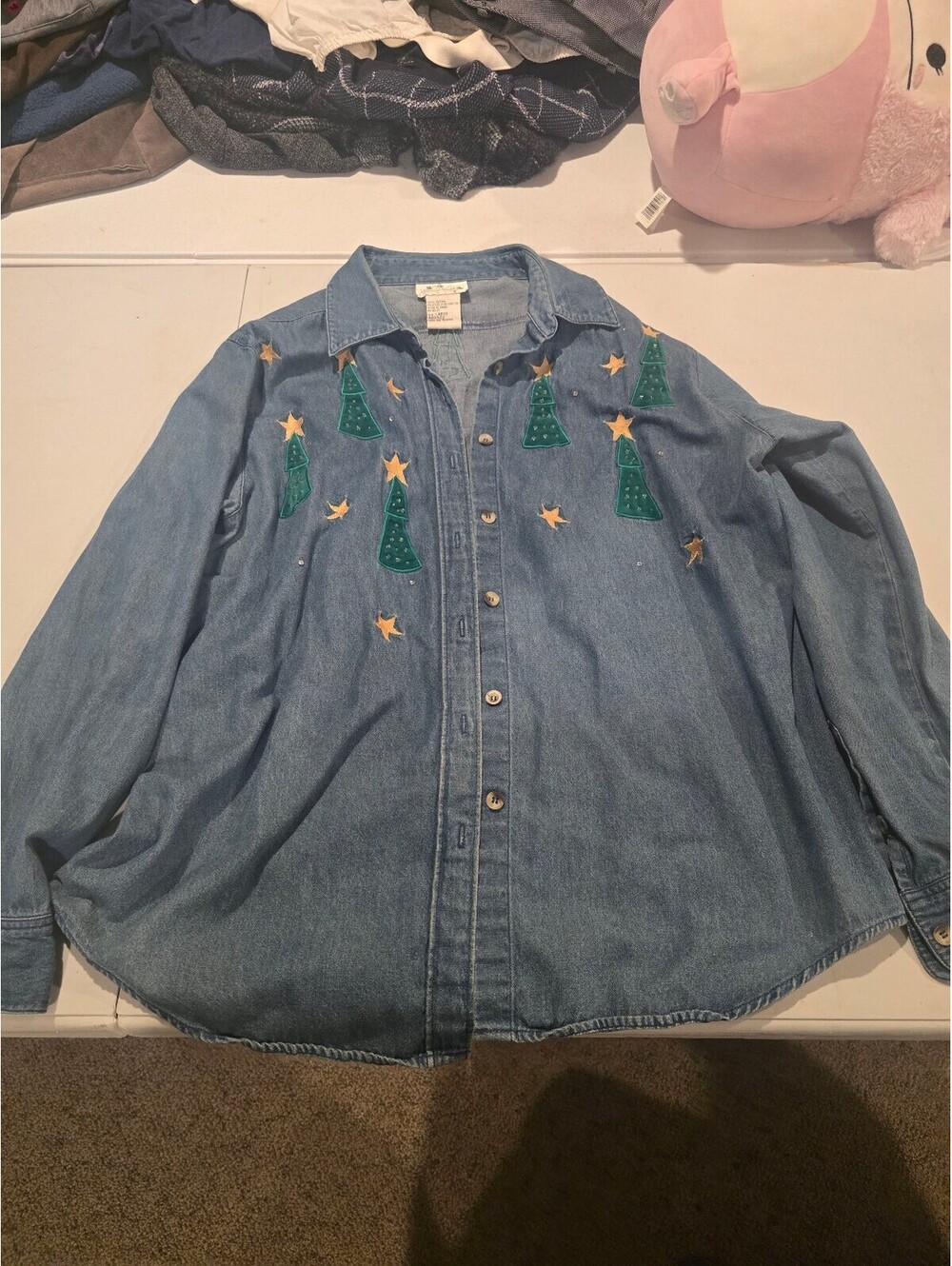 The Quacker Factory Large Denim Shirt with Christmas Tree Embroidery
